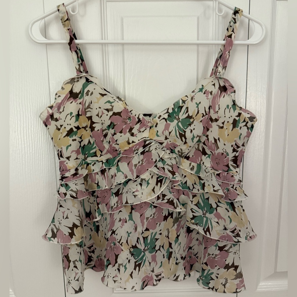 Nine West Y2K Blusita Floral V Neck Tank Top Ruffles Straps Vintage Size 2